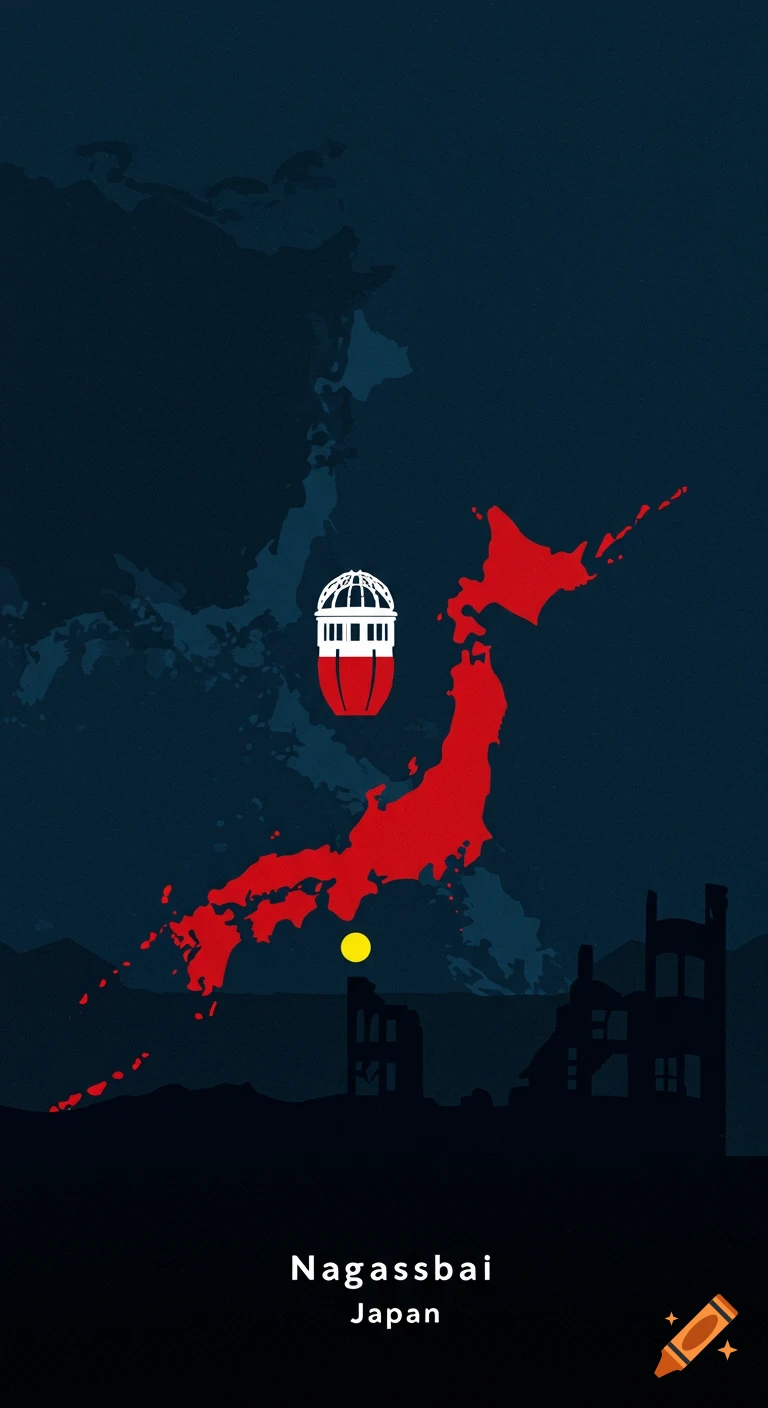 Minimalist illustration of Japan's map in red with a stylized atomic bomb symbol above, a yellow dot, and ruined silhouettes below, against a dark blue background. Text reads "Nagassbai Japan".