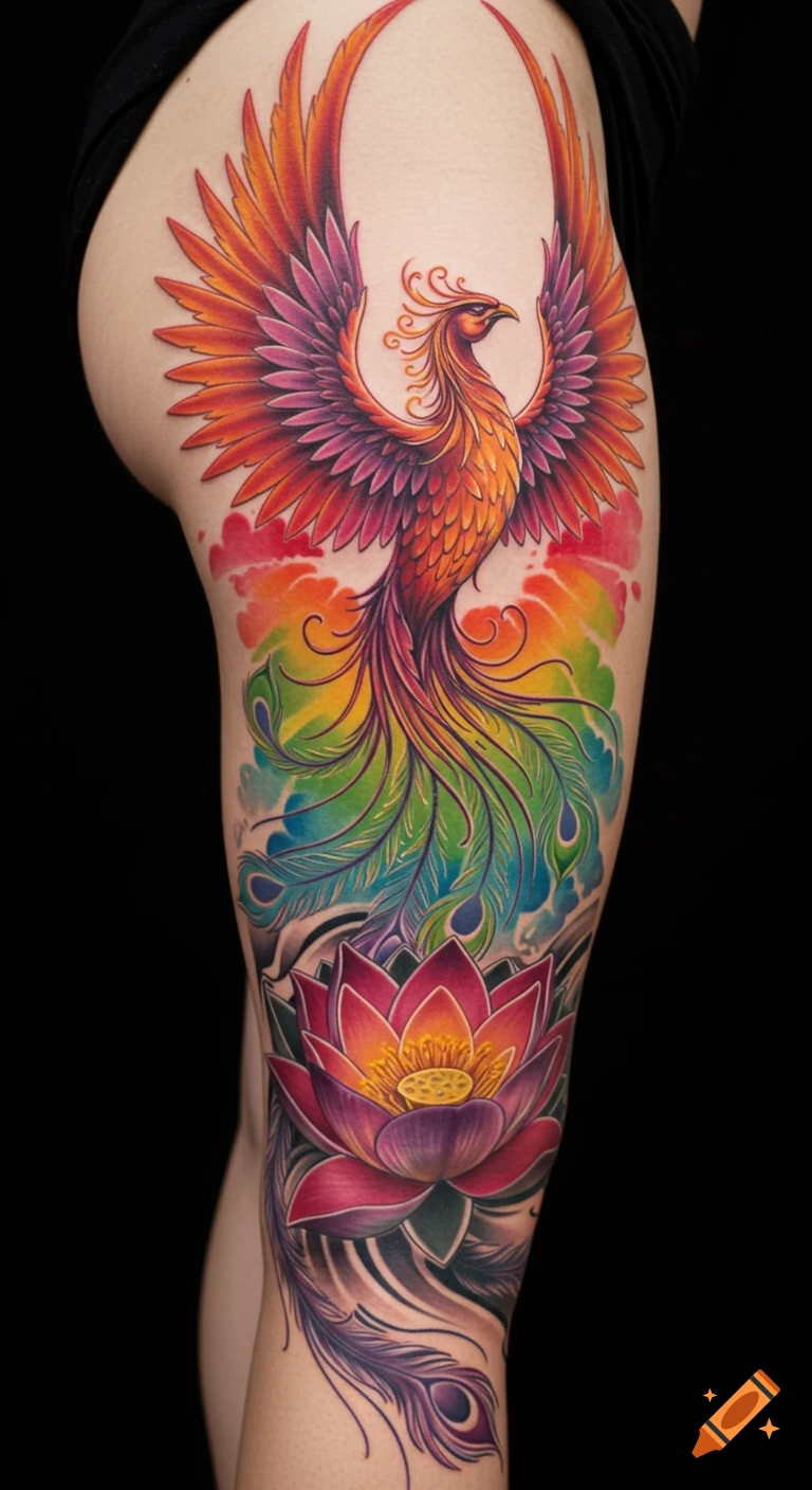 A vibrant tattoo of a rainbow-colored phoenix rising from a pink and orange lotus flower on a person's outer thigh.