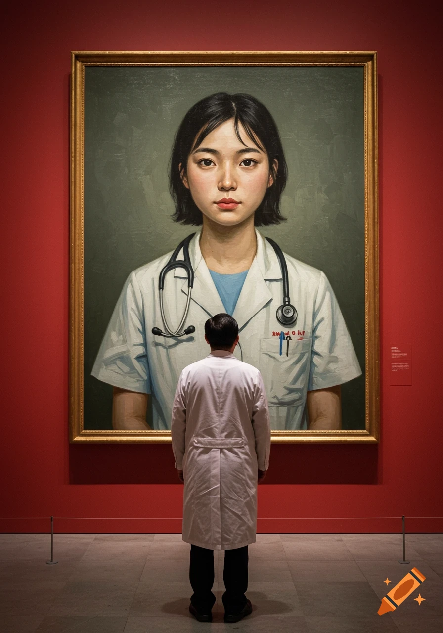 A man in a white doctor's coat stands in a red-walled art gallery, looking at a large painting of a young woman doctor.