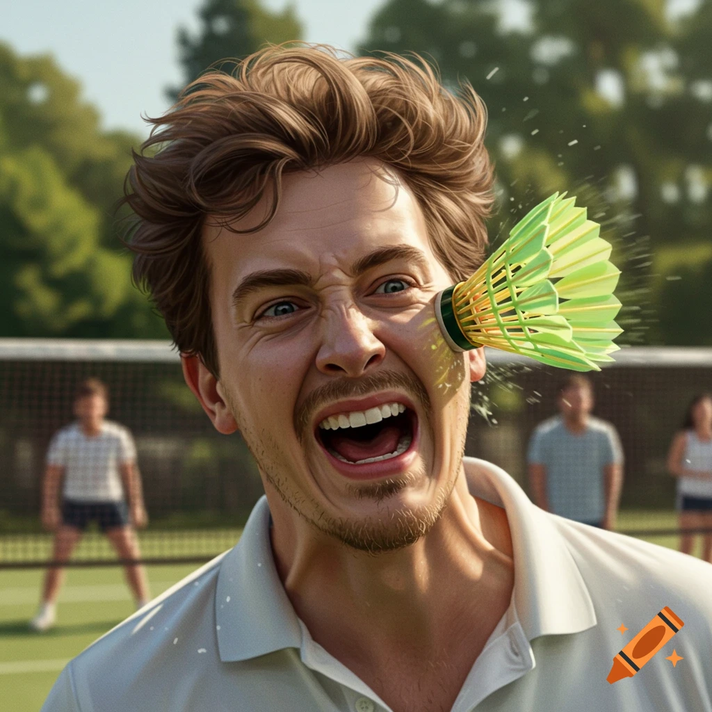 A photorealistic image of a man on a badminton court, reacting with surprise and pain after being hit in the face by a shuttlecock.