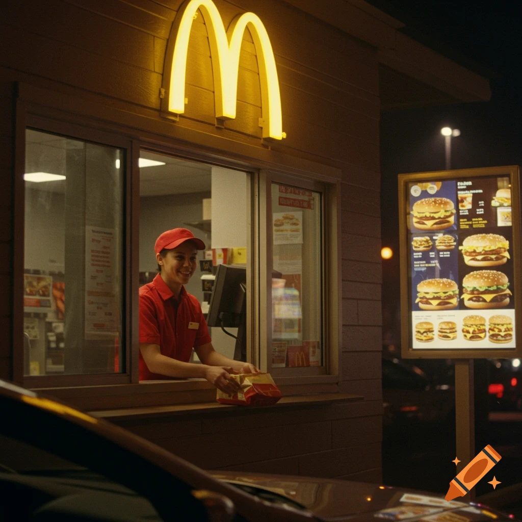 A smiling McDonald's worker in a red uniform hands a bag of food through a drive-thru window at night. A menu board with burgers is visible on the right.