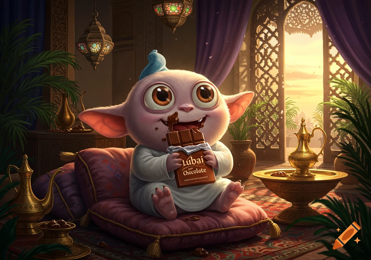 A cute, big-eyed white creature happily eats a chocolate bar, smeared with chocolate, in an ornate Arabian setting.