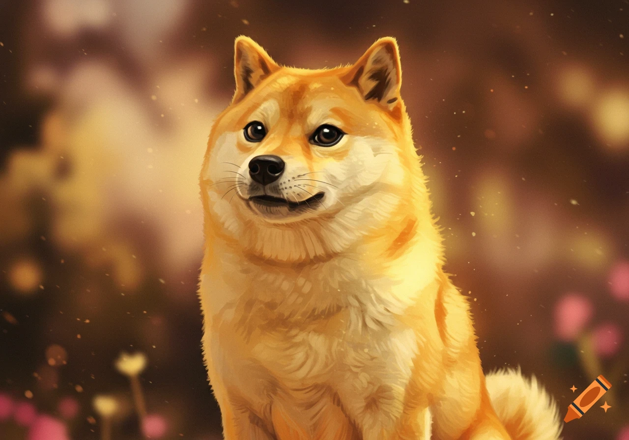Digital painting of a cute golden Shiba Inu dog (Doge) with a soft, bokeh background.