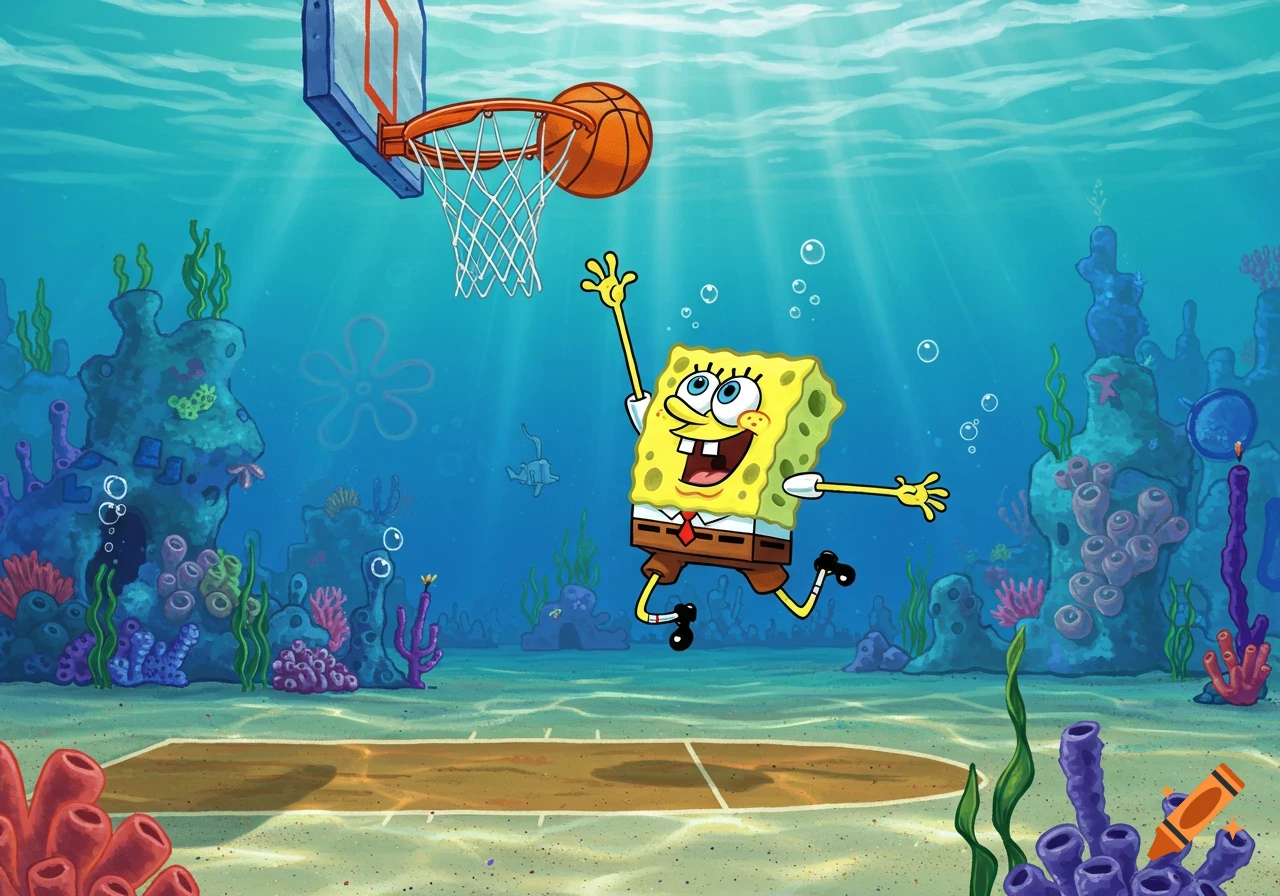 SpongeBob SquarePants jumps to dunk a basketball in a vibrant underwater scene with coral and sunbeams.