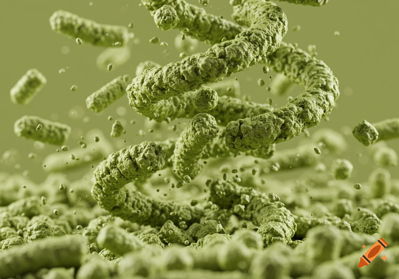 Detailed macro view of pale green, textured, rod-like granules, resembling microscopic organisms or tofu cat litter, in motion.