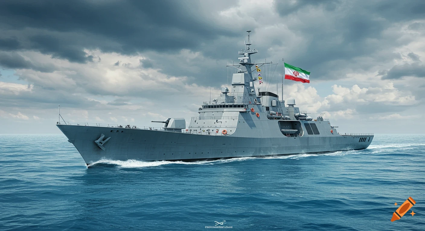 A futuristic Iranian navy warship with a sleek design sails on calm blue waters under a dramatic cloudy sky, with the Iranian flag waving.