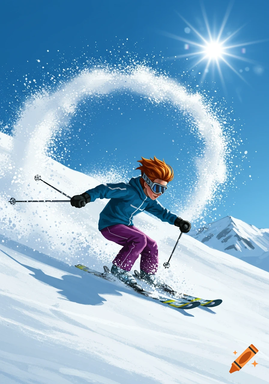 A vibrant illustration of a person with orange hair and goggles skiing down a snowy mountain, kicking up a large spray of snow.