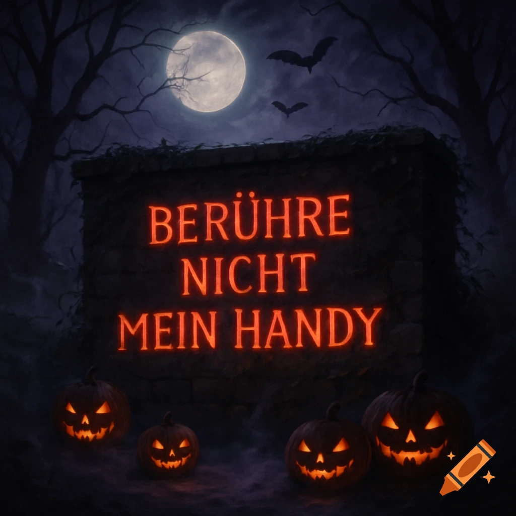 A dark Halloween scene with glowing jack-o'-lanterns, bats, and a full moon. A stone wall displays glowing red text 'BERÜHRE NICHT MEIN HANDY'.