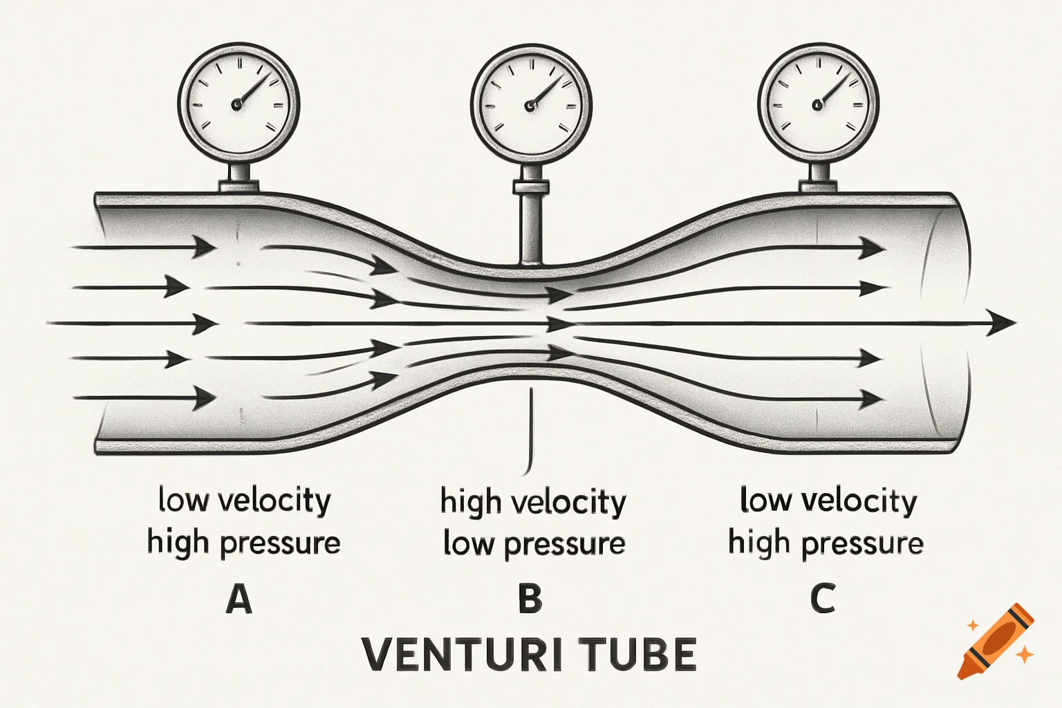 A grayscale diagram of a Venturi tube illustrating fluid velocity and pressure changes across its sections A, B, and C, with pressure gauges.