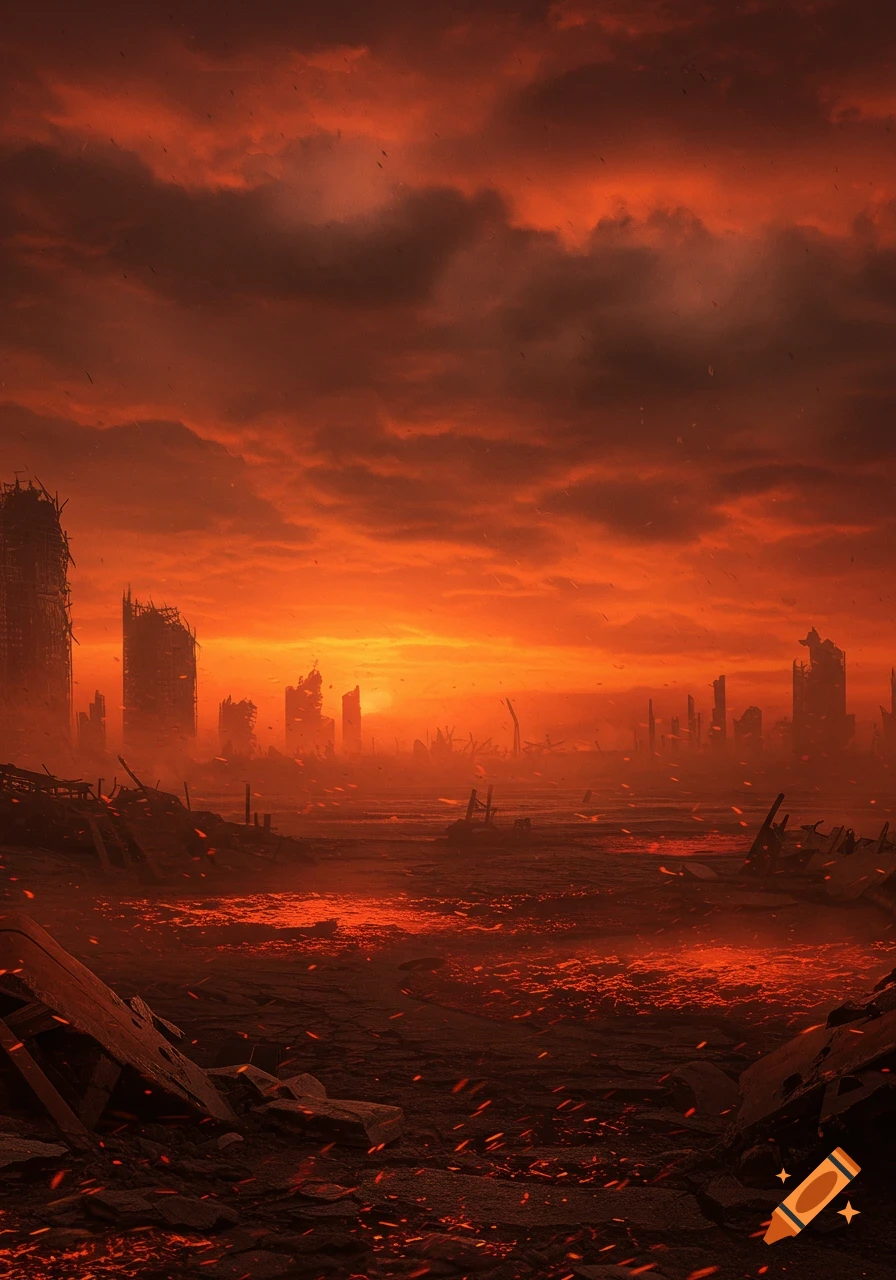 A desolate, ruined city under a fiery orange and red sky, with debris scattered everywhere, depicting an apocalypse.