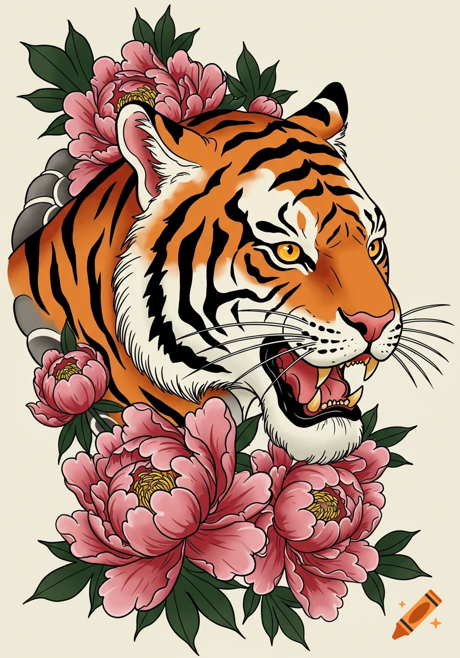 Japanese wabori tattoo art of a roaring tiger's head surrounded by pink peonies and green leaves, with bold black lines.