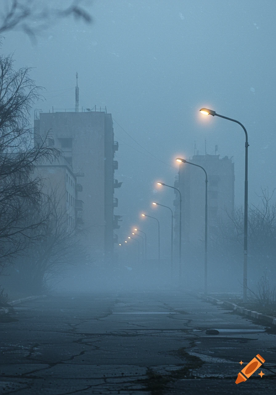 A foggy, desolate street with glowing streetlights leading towards apartment buildings in the distance, surrounded by bare trees.