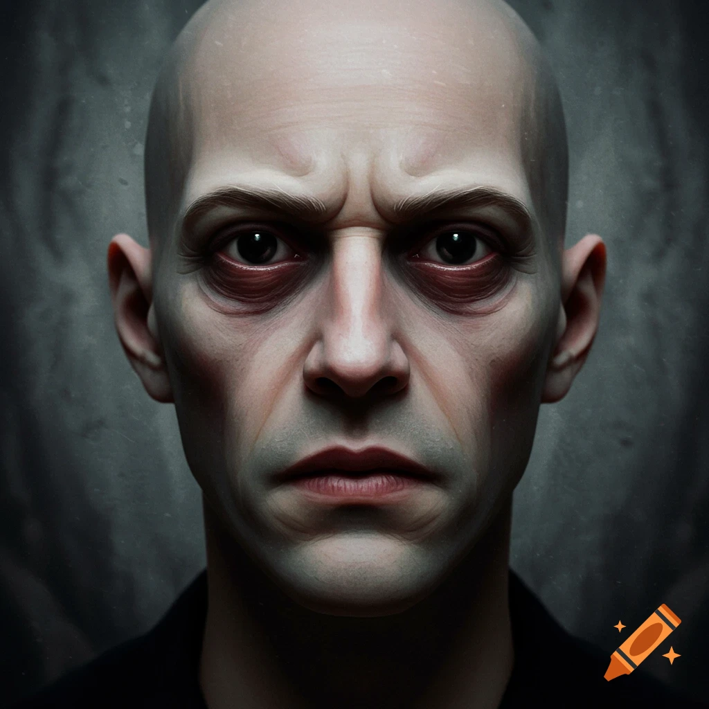 A close-up portrait of a creepy bald man with dark, sunken eyes and a straight, serious face against a textured dark background.