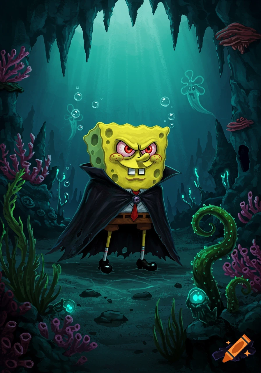 Spongebob Squarepants as a menacing vampire with red eyes and a black cape stands in a dark underwater cave with glowing coral.