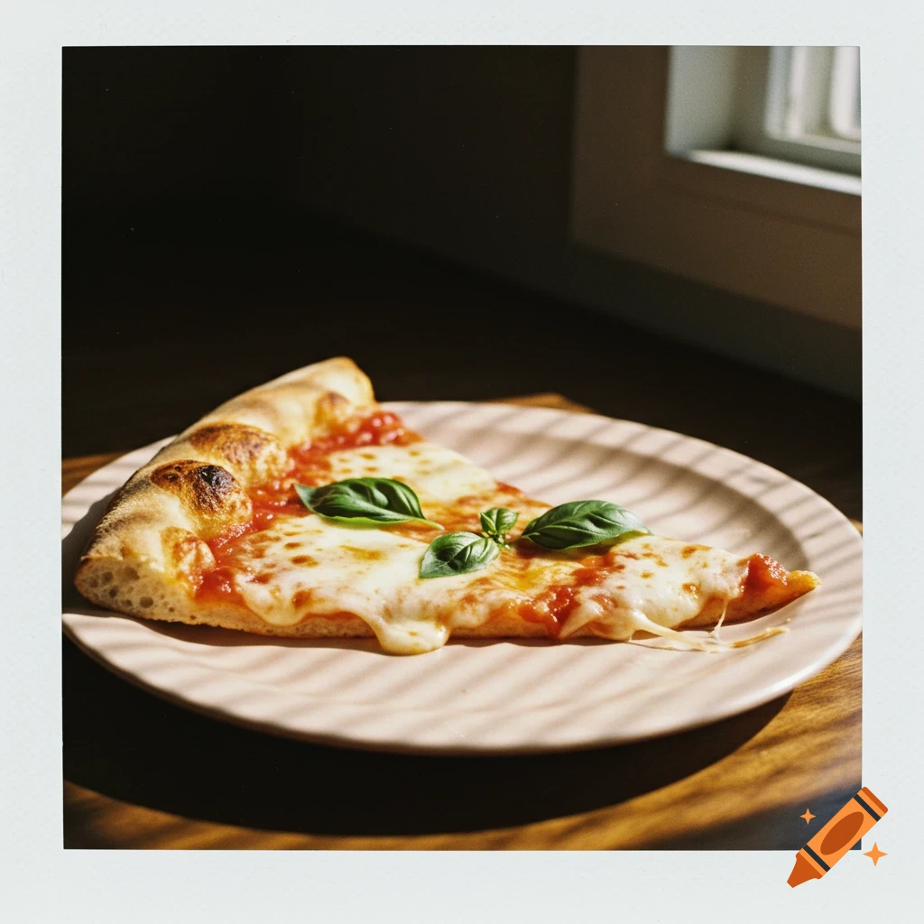 A realistic slice of pizza with melted cheese and basil on a pink plate, captured in a vintage Polaroid style.