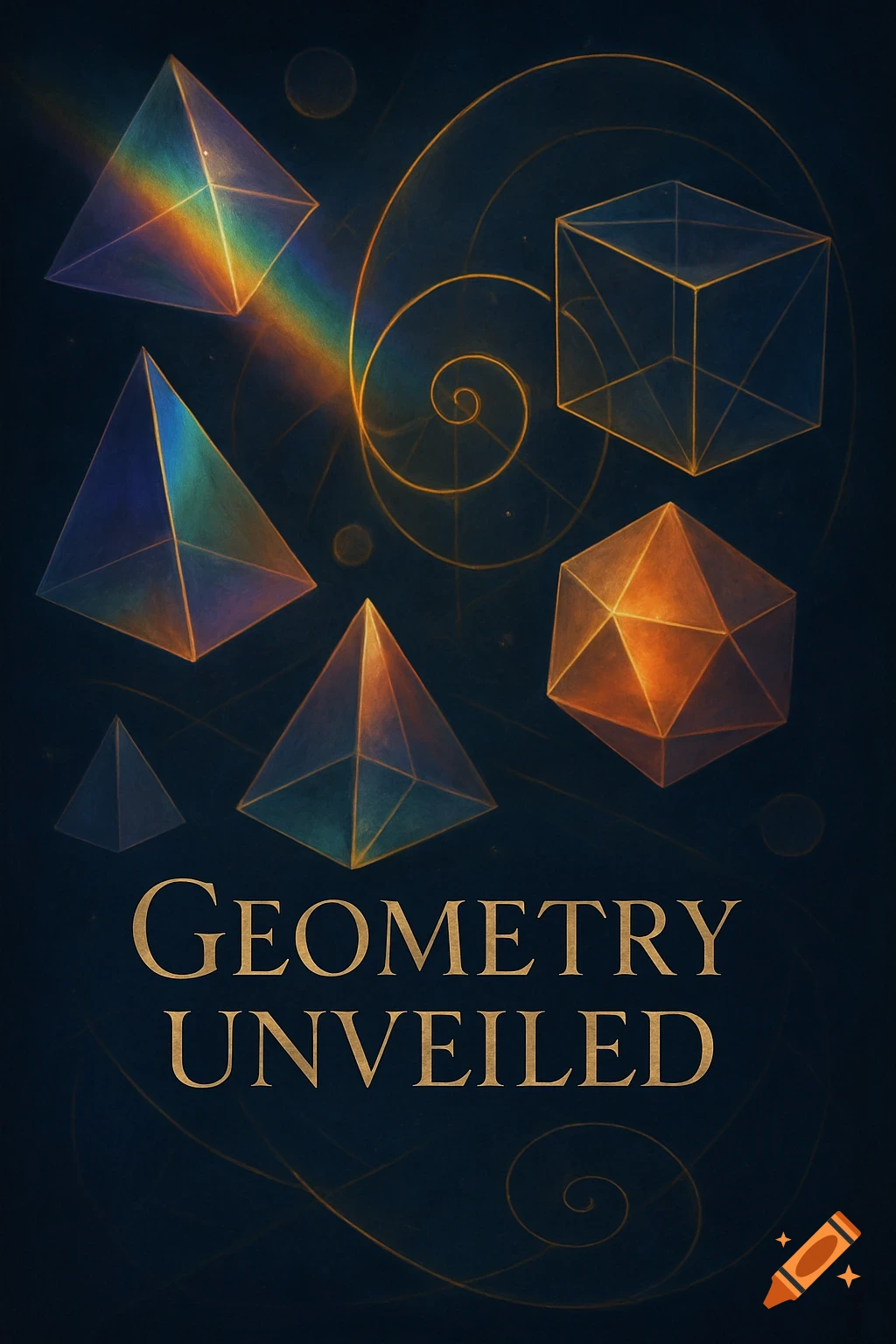 Dark blue image with gold geometric shapes including pyramids, a cube, an icosahedron, a rainbow prism, and text "GEOMETRY UNVEILED".