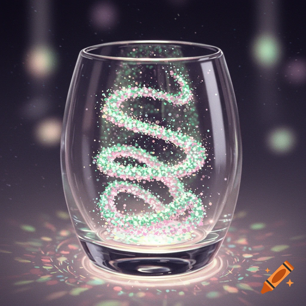 A clear glass tumbler filled with swirling pink and green glitter, casting colorful light patterns.