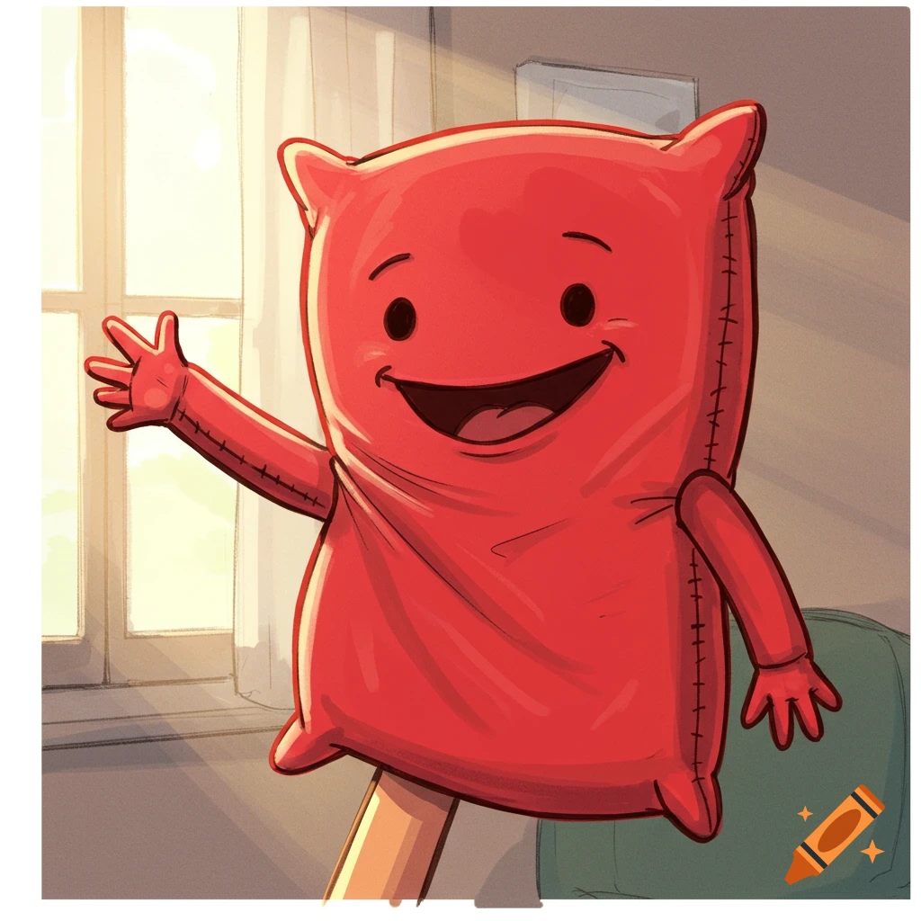 A cheerful red pillow puppet with a big smile waves in front of a sunny window, cartoon drawing.