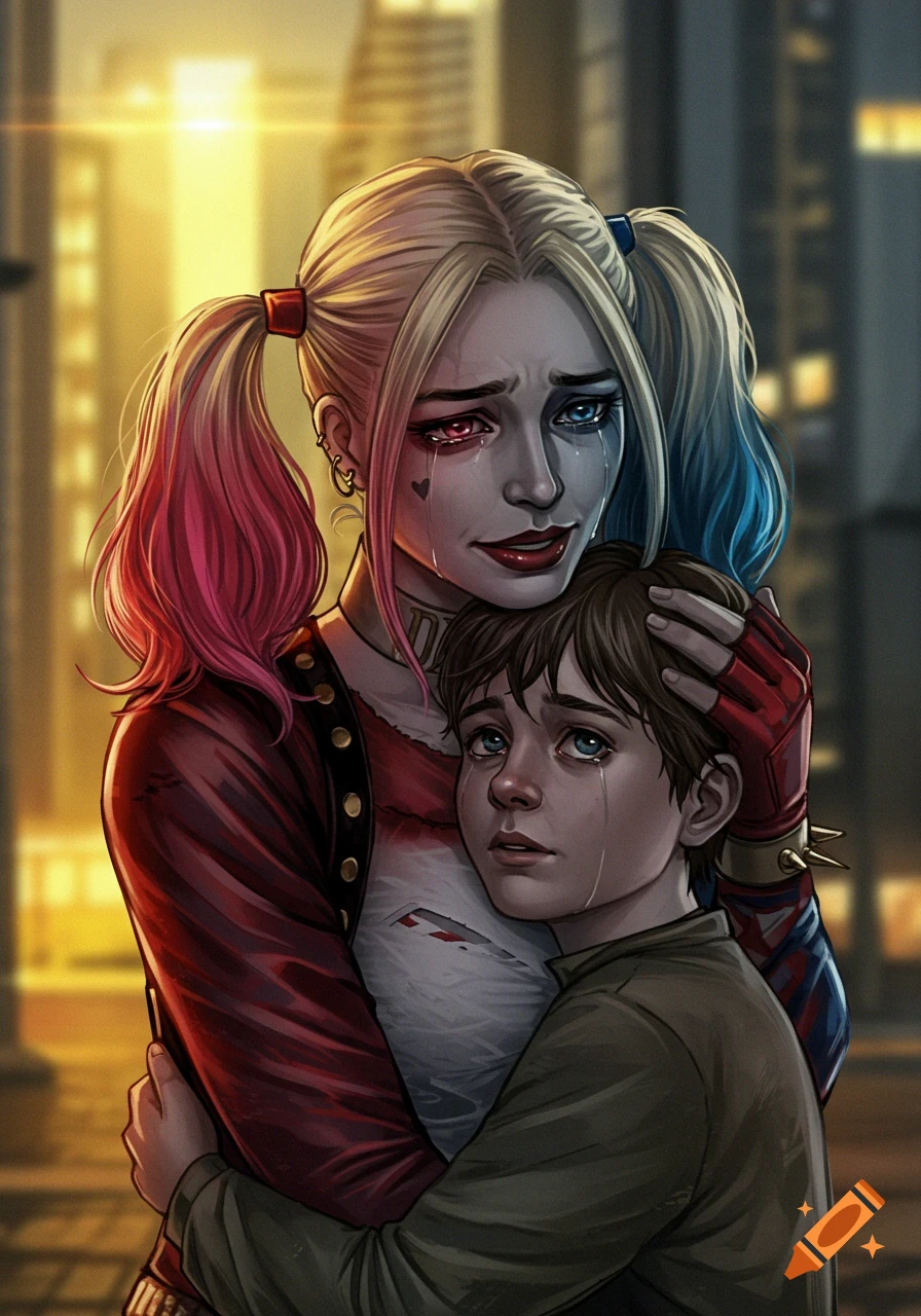 Harley Quinn, with colorful pigtails, tearfully embraces a young boy in an emotional comic art illustration.