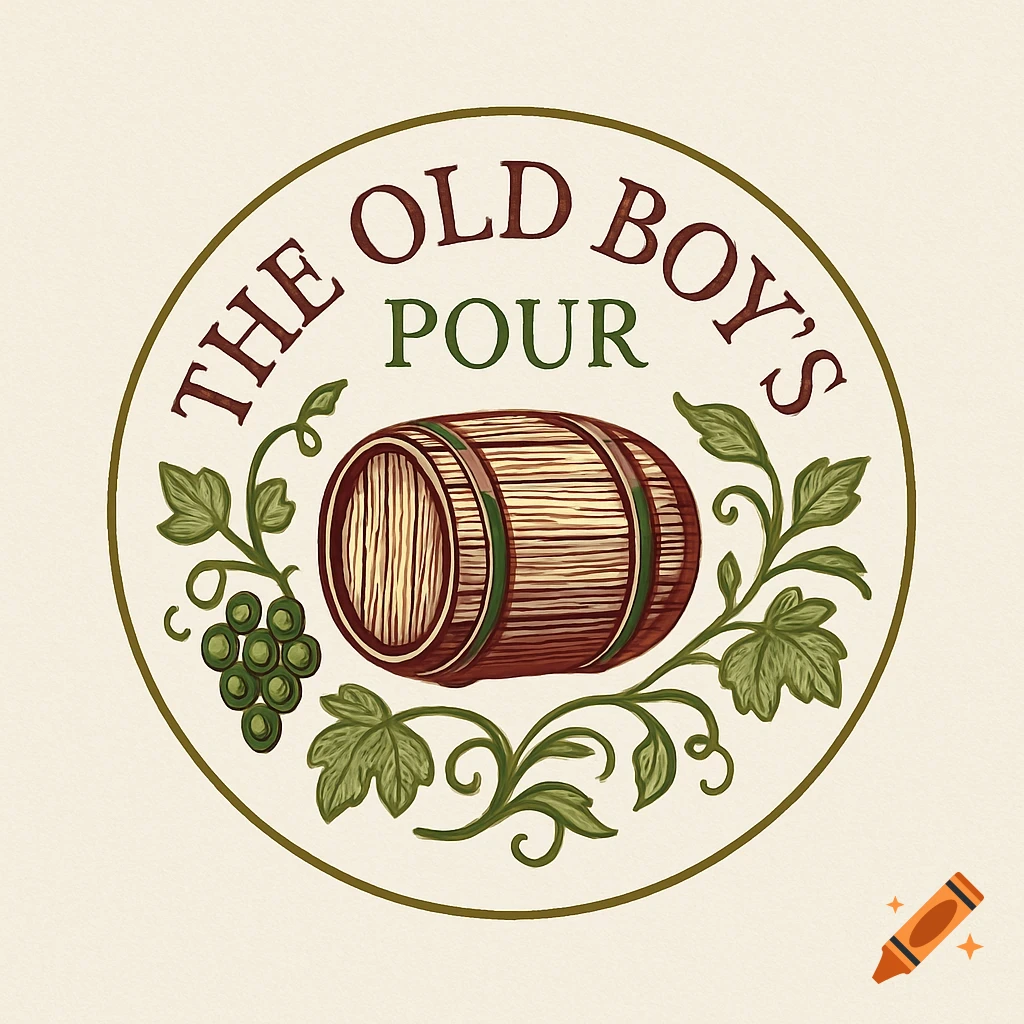 A vintage-style circular logo for "The Old Boy's Pour" wine brand, featuring a wooden barrel, green grapes, and leafy vines.