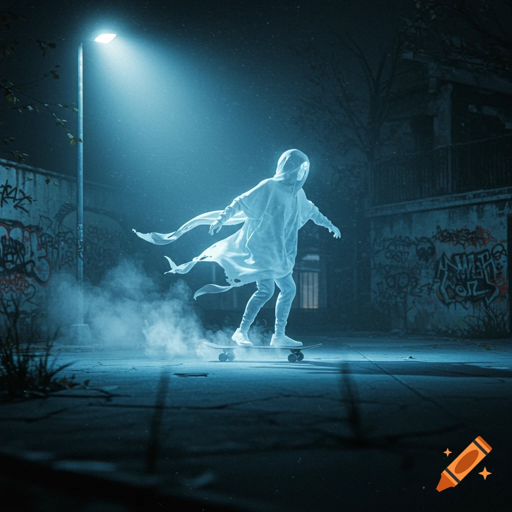 Ethereal blue ghost-like figure on a skateboard in a dark, foggy urban alley with graffiti under a streetlamp.