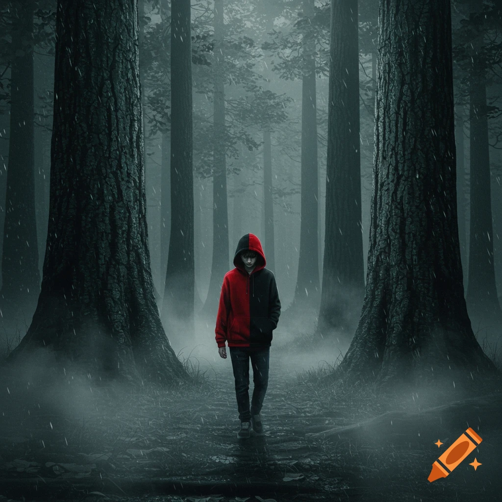 A boy in a red and black split-dye hoodie walks through a dark, foggy, photorealistic forest in the rain.