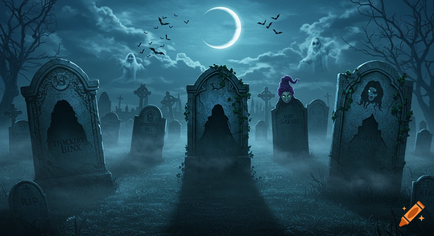 A spooky graveyard at night under a crescent moon, with several tall, mist-shrouded tombstones, flying bats, and ghostly figures in the background. One tombstone features a witch-like face.