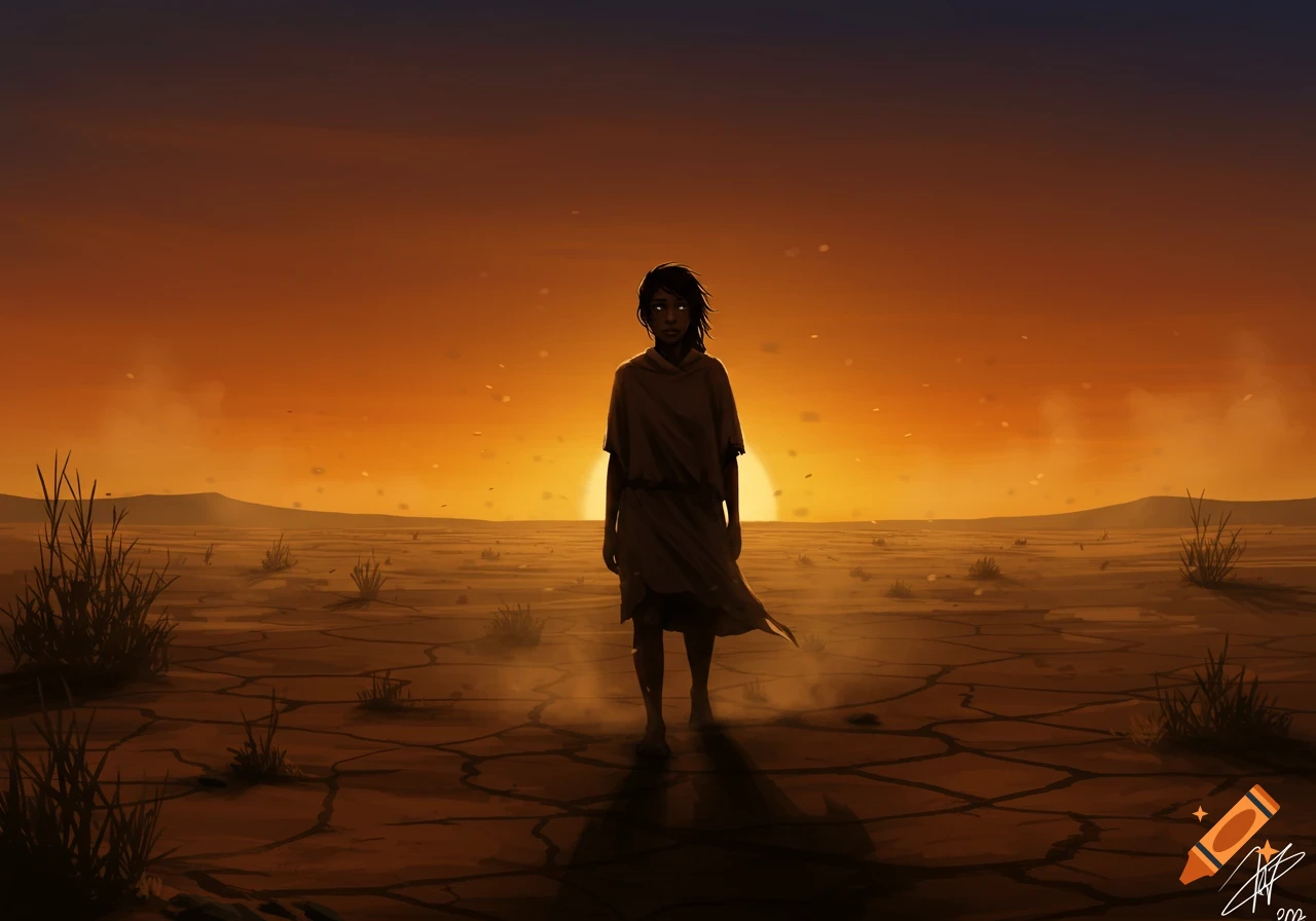 A lone figure stands on cracked desert ground, silhouetted against a vast orange sunset in a digital illustration.