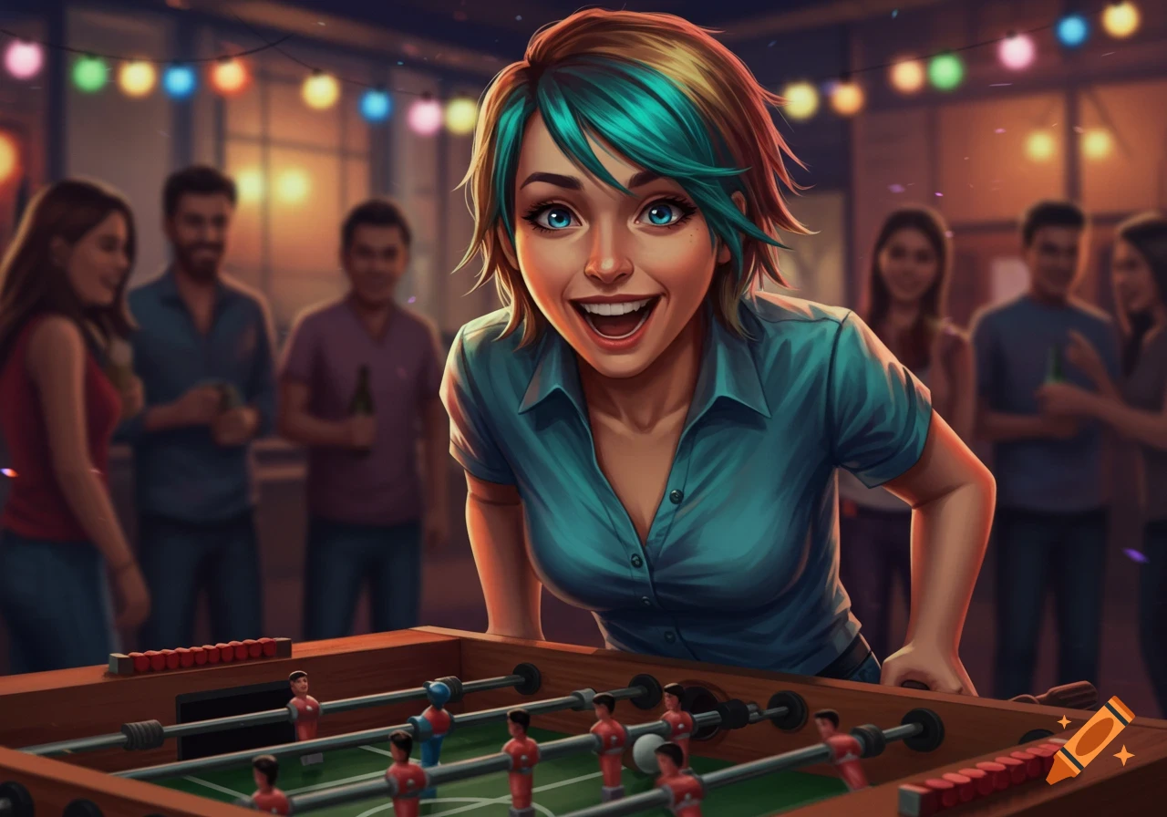 A smiling woman with blue-streaked hair plays foosball with friends in the background, in an illustrated style.