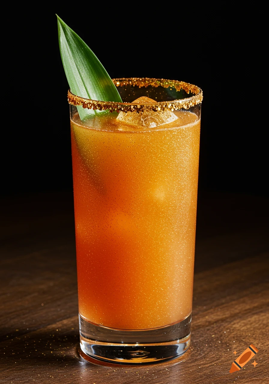 A luxurious cocktail in a tall clear glass with a sunset gradient, edible gold glitter, a gold-rimmed glass, and a green leaf garnish.