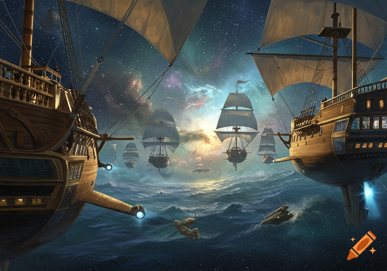 Large, detailed nautical ships fly through a cosmic ocean under a starry sky with nebulae, accompanied by smaller flying vessels.