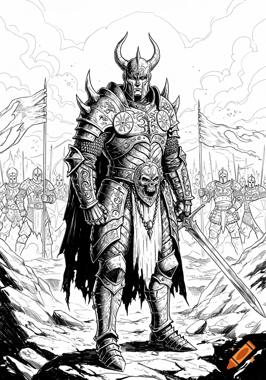Black and white line art of a heavily armored fantasy warrior with horns and a skull belt, leading other warriors on a rocky battlefield.