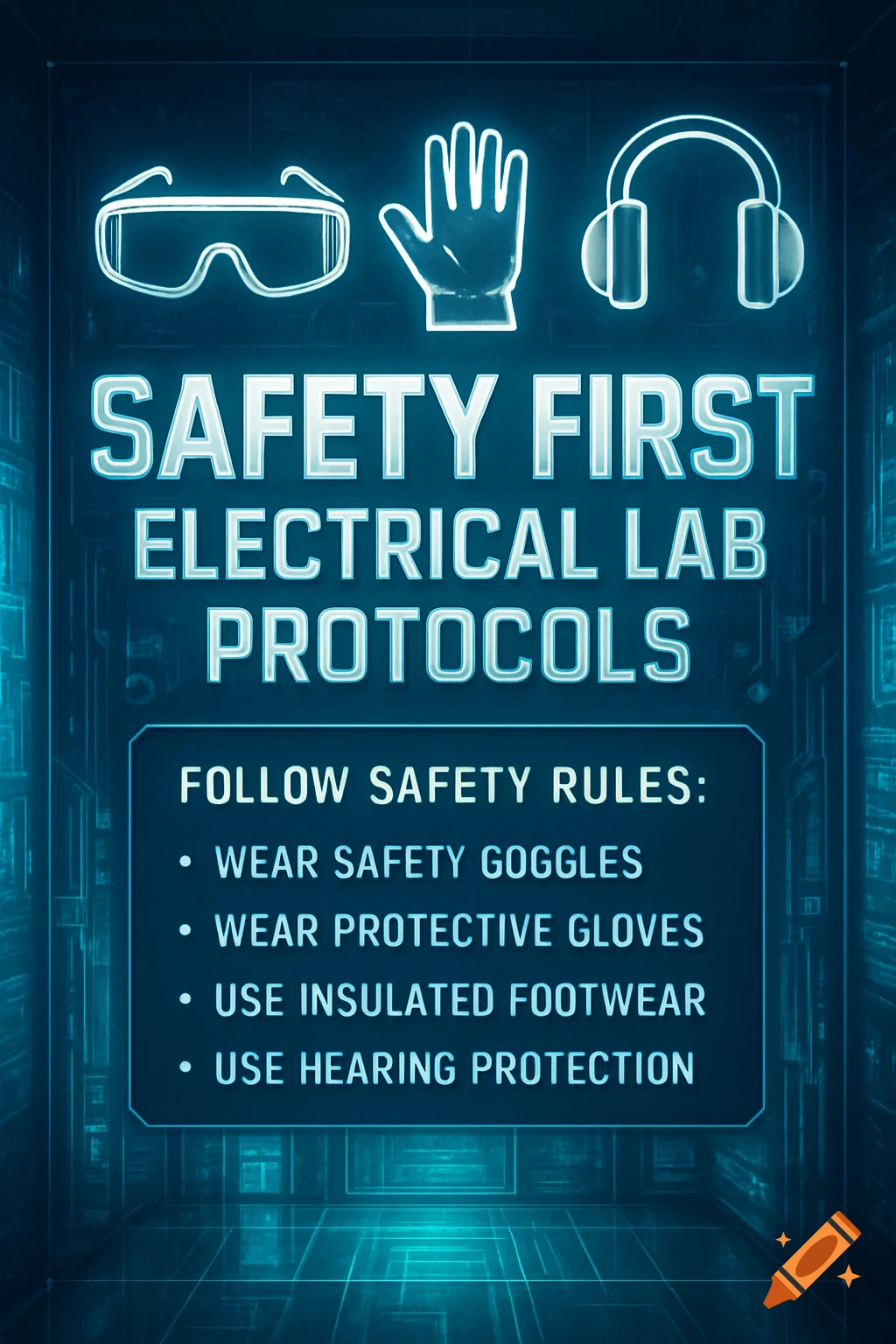 A neon blue safety poster for an electrical lab with icons for goggles, gloves, and headphones, listing safety rules.