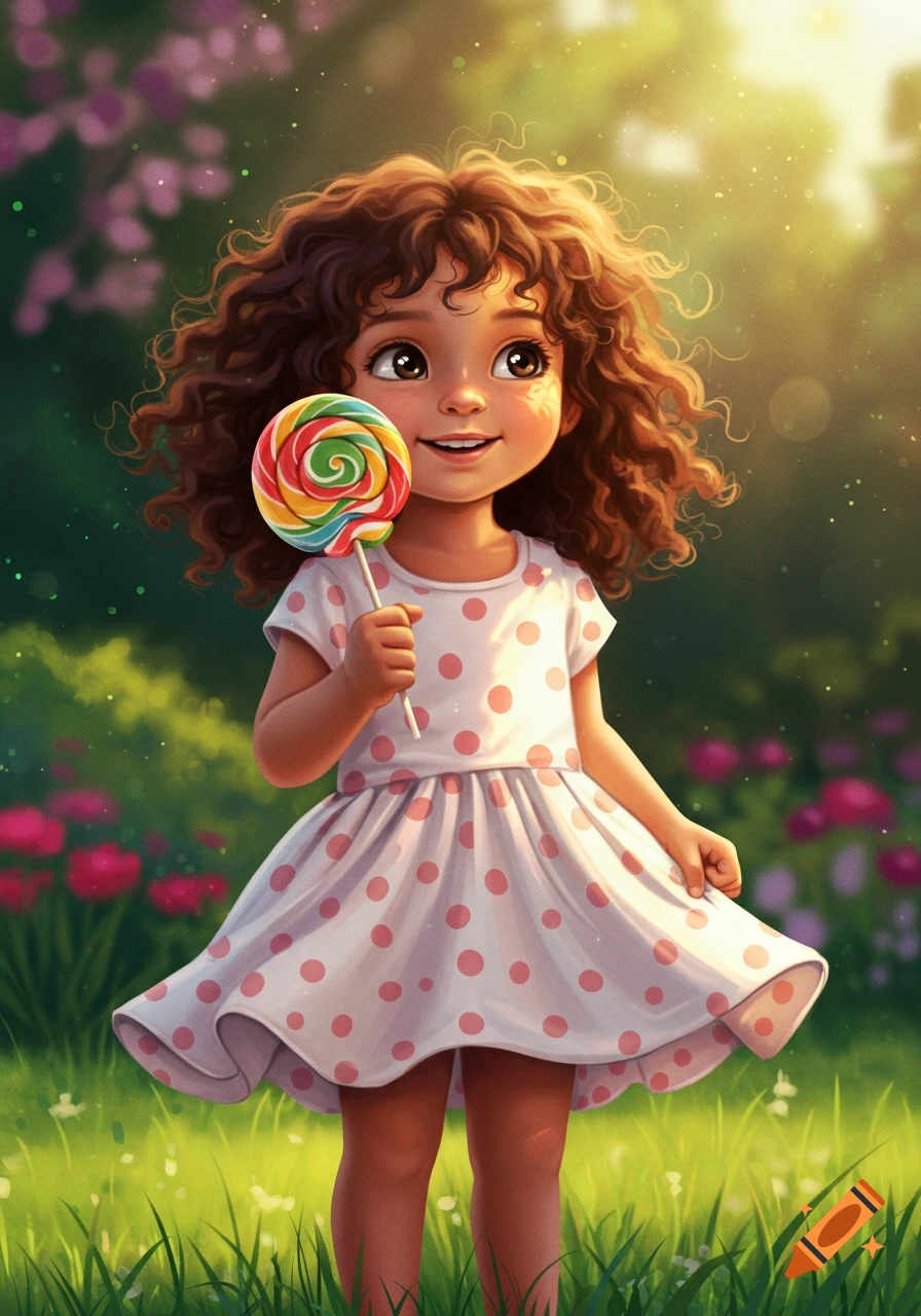 A smiling, curly-haired cartoon girl in a polka-dot dress holds a colorful lollipop in a sunny field.