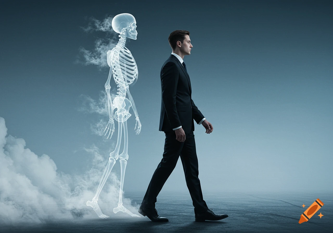 A man in a suit walks right, with a translucent, glowing skeleton emerging from his back, walking left, against a misty blue-grey background.