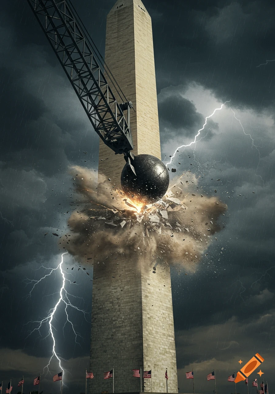 A dramatic, photorealistic image of a wrecking ball smashing into the Washington Monument under a stormy, lightning-filled sky, with American flags below.