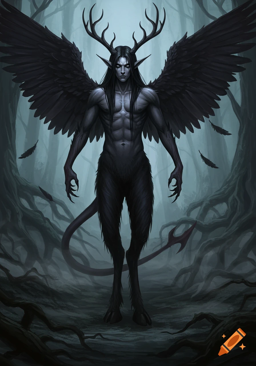 A tall, dark fantasy creature with long black hair, large black wings ...