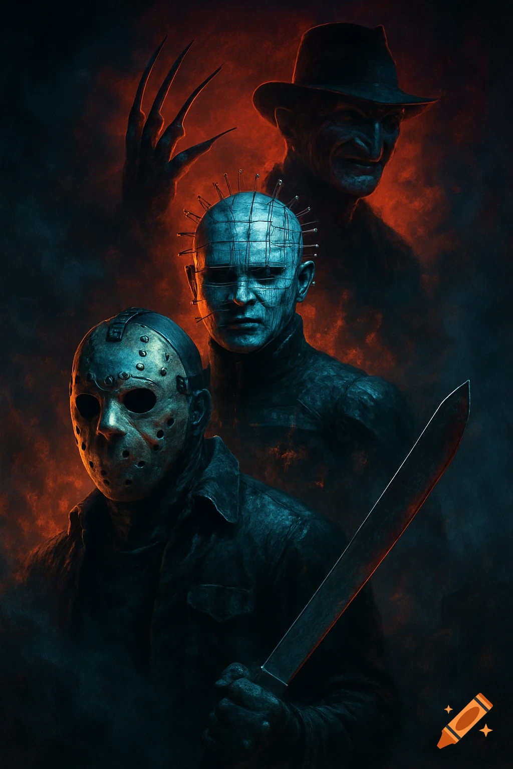 Stylized horror art featuring Jason Voorhees with a machete, Pinhead, and Freddy Krueger, emerging from a smoky, fiery background.