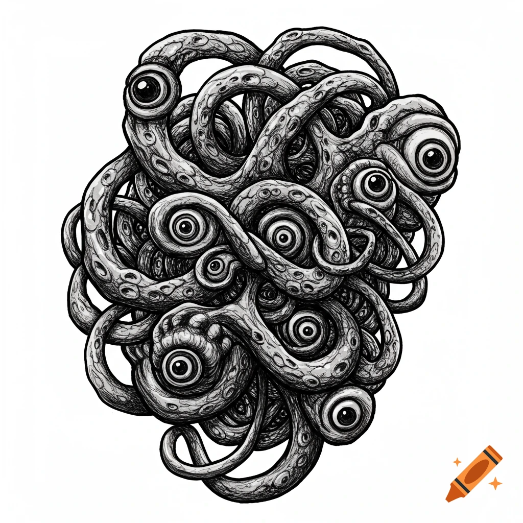 An intricate black and white illustration of intertwined tentacles covered in numerous eyeballs, in a grotesque horror style.