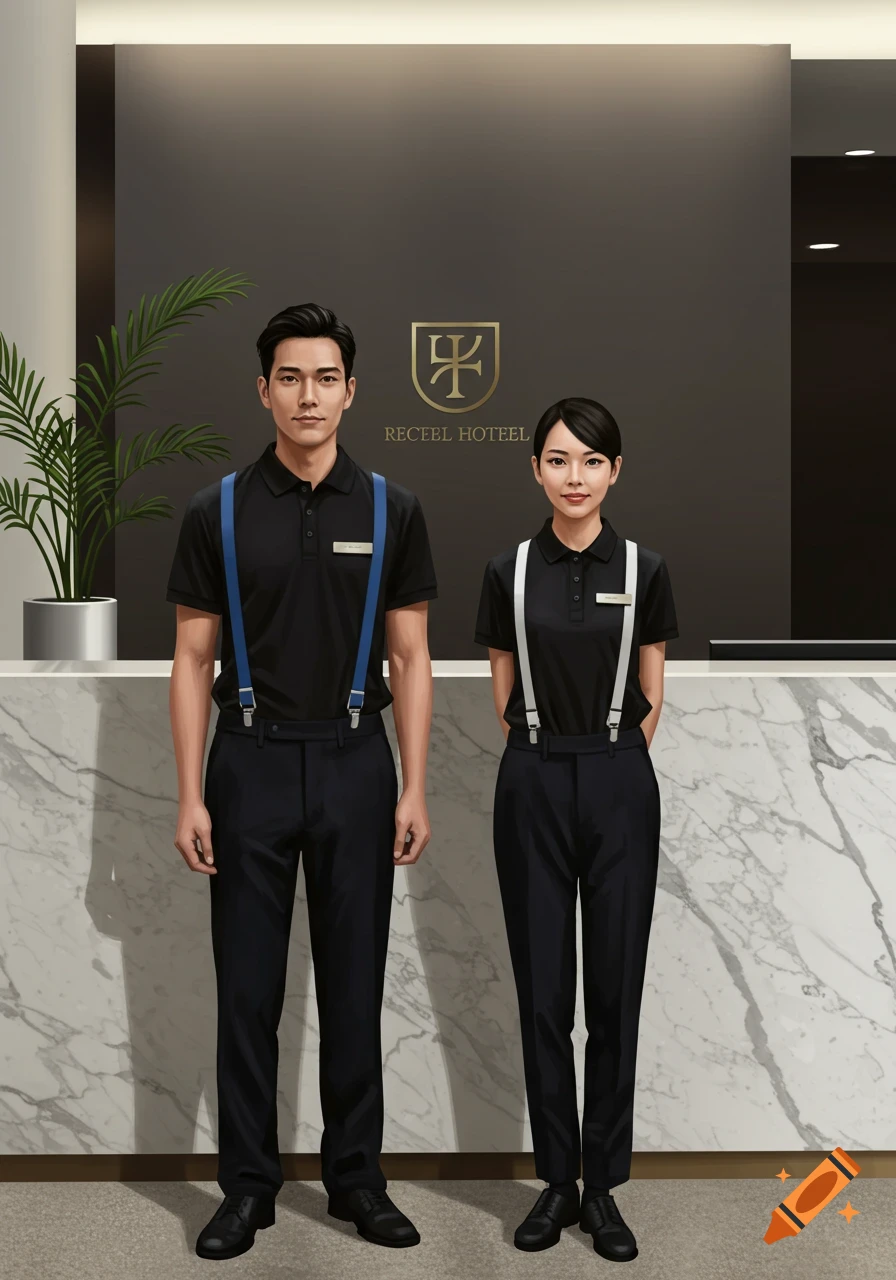A man and a woman in black uniforms with suspenders stand professionally behind a marble reception desk at a hotel.