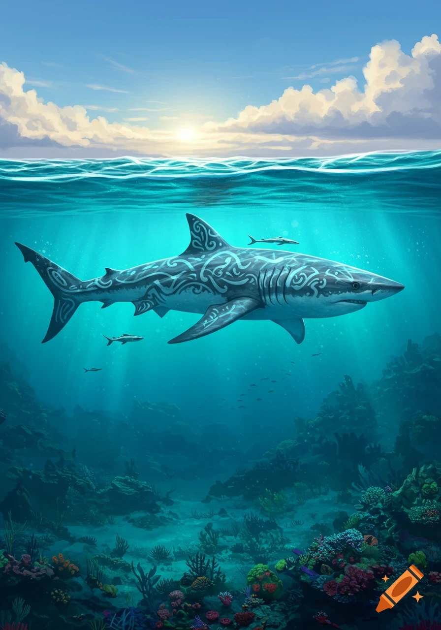 A large shark with tribal patterns swims underwater over a colorful coral reef, with sunlight visible from above.