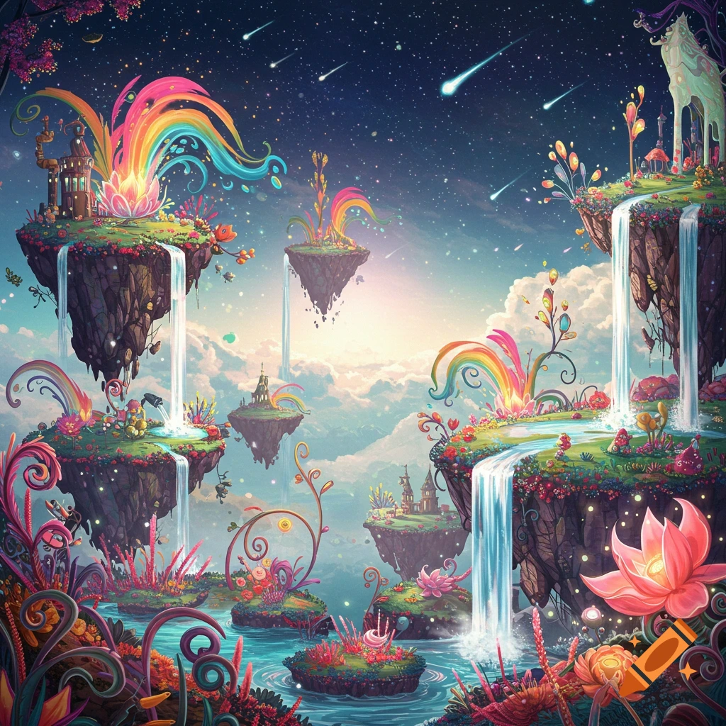 Vibrant fantasy landscape with floating islands, waterfalls, colorful plants, and a starry sky with shooting stars.