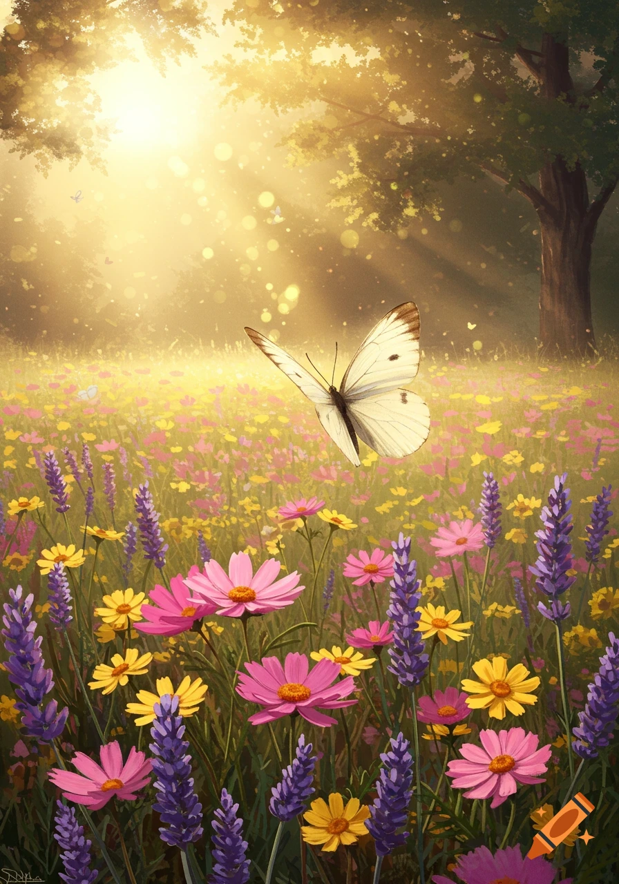 Vibrant field of pink, purple, and yellow flowers under golden sunlight, with a white butterfly in the foreground.