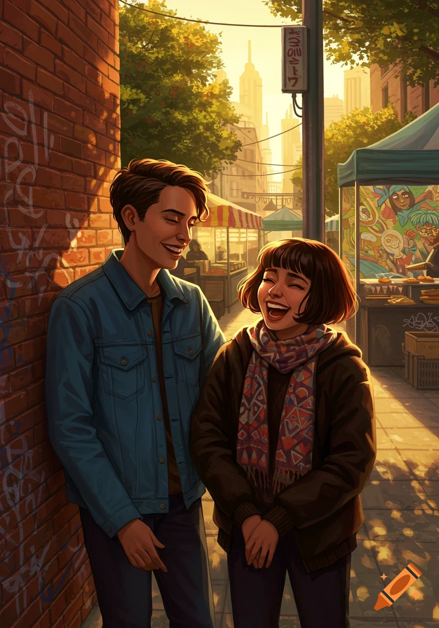Two smiling friends, a man and a woman, laugh together in a sunlit urban street market, illustrated in a vibrant cartoon style.