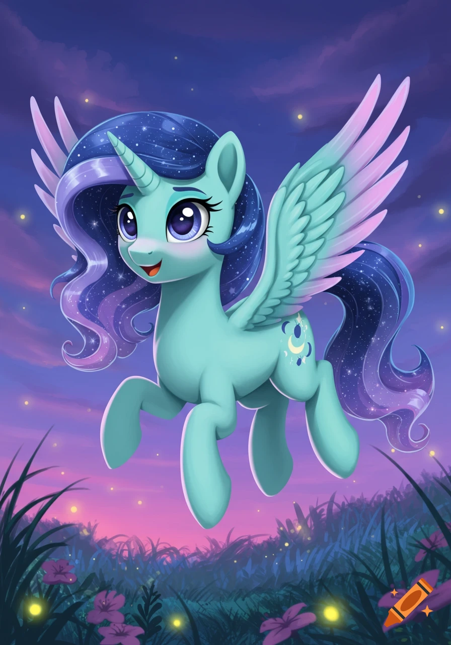 A cartoon teal alicorn with a starry purple and blue mane and tail flies over a glowing twilight landscape with grass and flowers.