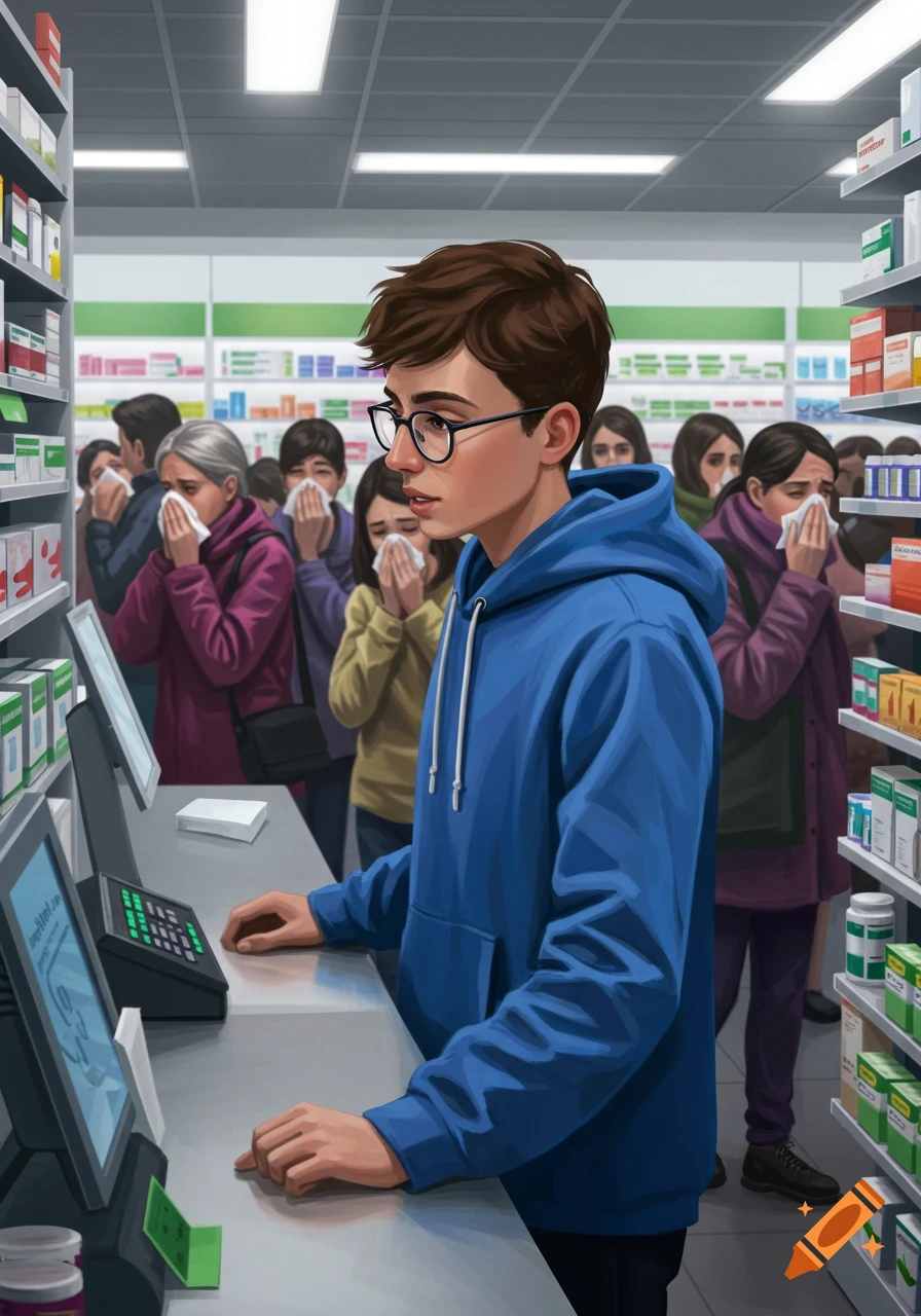 A young man with glasses and a blue hoodie stands at a pharmacy counter, while people with runny noses line up in the background.