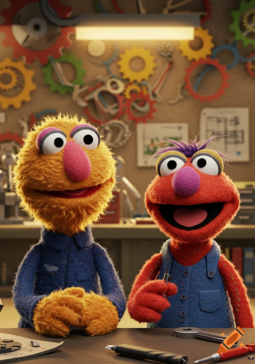 Two smiling muppet-like characters in a workshop with gears and tools. Photorealistic style.