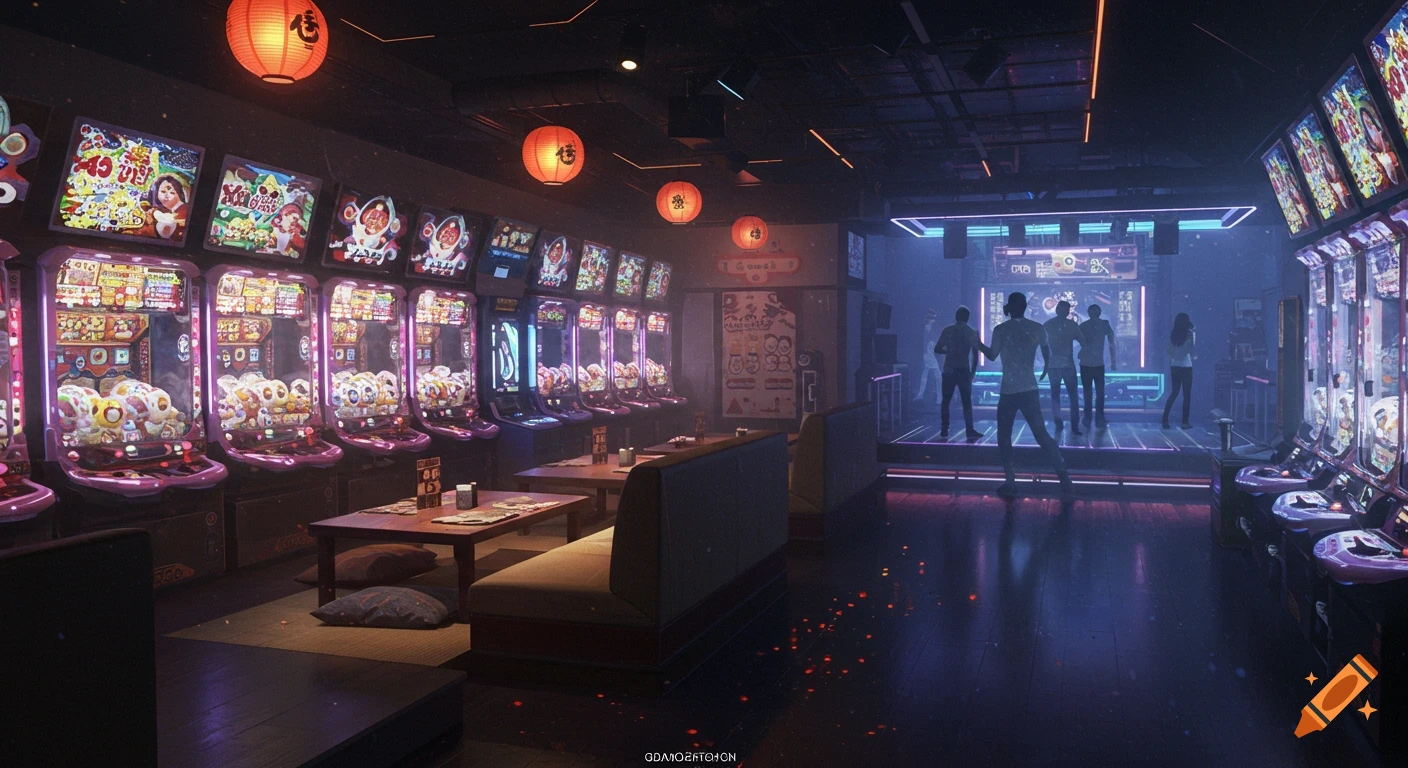 An atmospheric Japanese arcade interior with rows of glowing crane games, a central tatami lounge, and silhouettes of people in a neon-lit karaoke area.