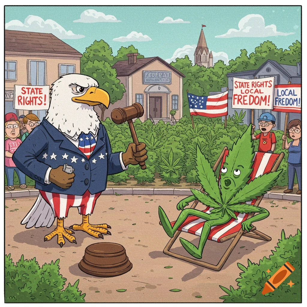 A cartoon bald eagle judge in an Uncle Sam suit stands over a personified marijuana leaf lounging in a deck chair, while protesters with signs reading "STATE RIGHTS!" and "LOCAL FREEDOM!" are in the background. A "FEDERAL BUILDING" is also visible.