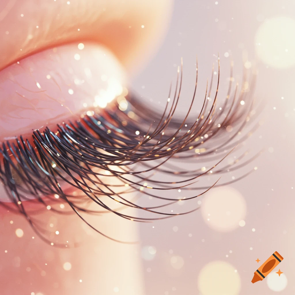 A dreamy close-up shot of an eye with long, dark eyelashes adorned with glitter, surrounded by soft, sparkling bokeh lights.